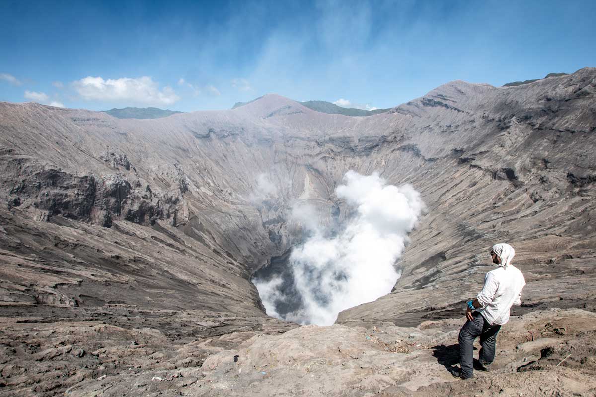 staring at the crater of Mount Bromo