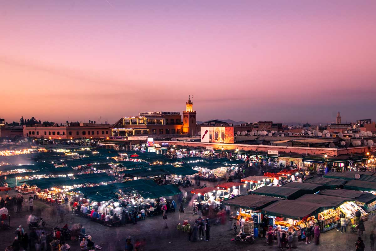 What marrakech is known for jemaa el flna square on pinky sunset