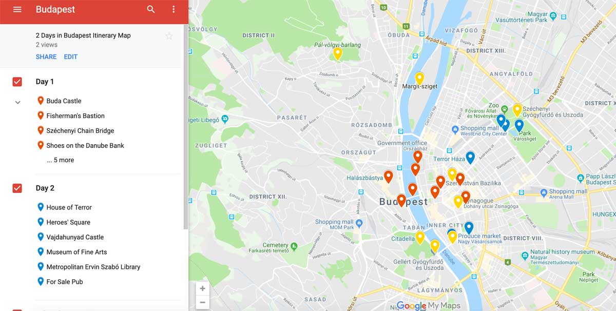 2 Days in Budapest Itinerary Map