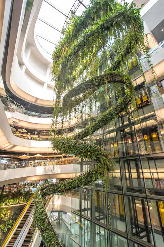 what bangkok is famous for - shopping mall interior with a giant natural chandeliermade out of leaves