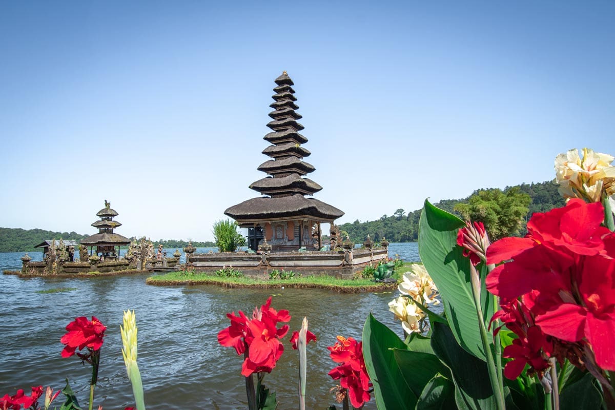 bali-bucket-list--temple-in-the-water-with-floers-on-the-foreground