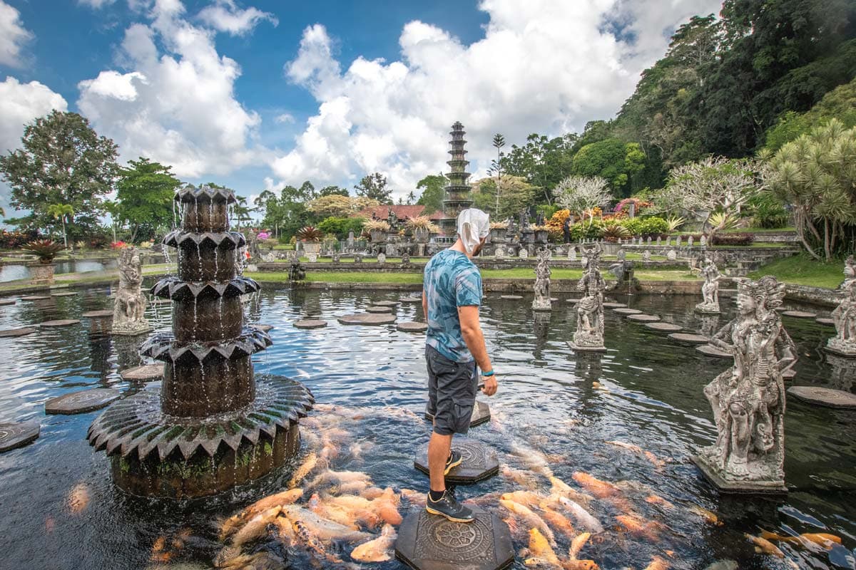 bali bucket list - man staying on a plate ina a pool full of orange fishes