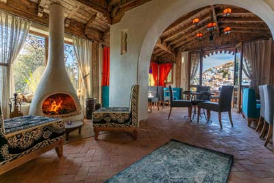 moroccan interior with a fireplace